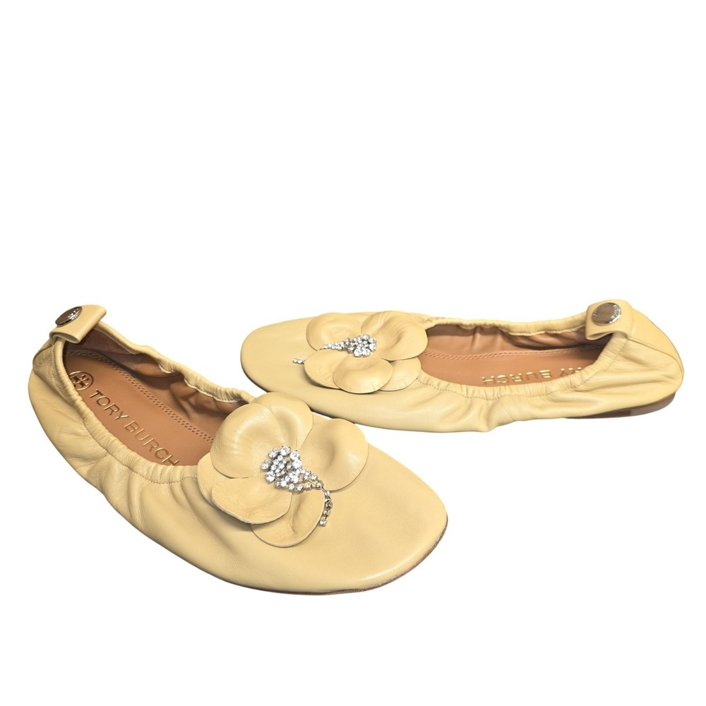 Tory Burch Ballet Flat Shoes Women 9.5 Beige Leather Rhinestone Floral - Picture 2 of 9